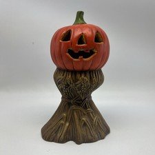 1970s Hand Painted Ceramic Pumpkin Jack o Lantern on Bundle of Wheat 8” Chipped*