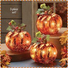 3-Pc Lighted LED Metallic Pumpkin Fall Thanksgiving Centerpiece Table Home Decor