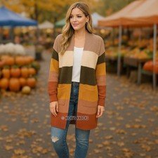 Allison Joy Striped Longline Cardigan Open Front Boho Fall Sweater Size M/L