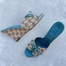 Gucci | Authentic Vintage Logo Monogram Lace Ribbon Wedge Heels Blue Beige(34.5)