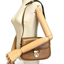 GUCCI GG Logo Gold Shoulder Bag Leather Brown Flap Purse Vintage 80s USED