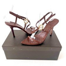 GUCCI | Vintage Brown Leather Strappy Heel Sandals Gold GG Logo Size 7.5