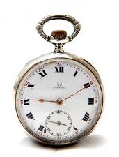 Pocket Watch OMEGA Open Face Art Deco Dial Porcelain Case Silver 51mm Working