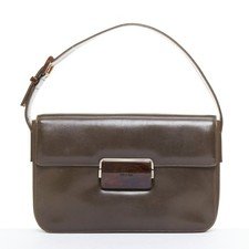 PRADA Vintage dark brown leather acrylic logo buckle flap bag