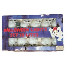 Vintage 1988 String of 10 Halloween Skeleton Skull Lights Tested & Working Boxed