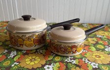 Vintage 70's Mushroom Enamel Sauce Pans with Lids