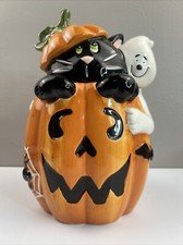 Vintage David's Cookies Cookie Jar Black Cat Ghost Halloween Pumpkin 11"