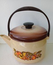 Vintage Enamel Tea Pot Fruits Mushroom Handle Retro 1970s New Condition