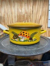 VINTAGE STOCK POT SEARS ENAMELWARE MERRY MUSHROOM RETRO ORANGE BROWN