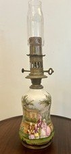 Antique Oil Lamp w/ Painted Ceramic Reservoir Partially Converted 1850’s French