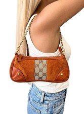 GUCCI Vintage Logo Monogram Mini Shoulder Bag Chain Brown Gold Suede