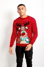 Mens Red Rudolph Pom Nose Christmas Jumper UK M LN141 NN 04