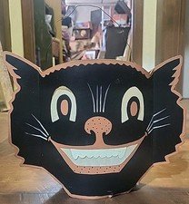 Rare Vintage Bethany Lowe Halloween Smiling Black Cat Lantern Bucket 9x12