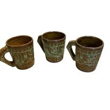Vintage Frankoma Prairie Green Mayan Aztec Coffee Tea Cup Mug 7C Set Of 3