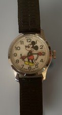 VINTAGE WIND-UP DISNEY MICKEY MOUSE WATCH SWISS MADE BLK LTHR SPEIDEL BAND WORKS