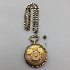 Vtg Disney Mickey Mouse Pocket Watch 48mm Tone BROKEN PARTS REPAIR Manual Wind