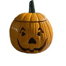 1975 Halloween Large Jack O Lantern Pumpkin Ceramic Orage w/ Lid 10" x 9"