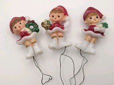 3 Vintage Elf Pixies Christmas Ornaments Plastic Wire Stem Picks 60's Hong Kong