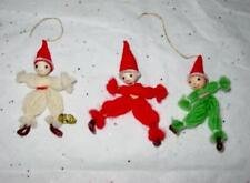 (3) Vintage Spun Cotton Yarn ELF Pixie Christmas Ornaments - Chenille Felt RARE