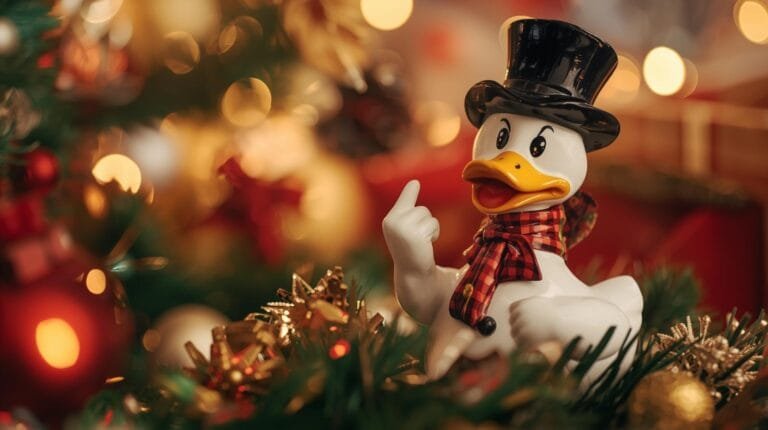 Festive duck figurine wearing a top hat and scarf, surrounded by Christmas decorations, creating a cheerful holiday atmosphere.