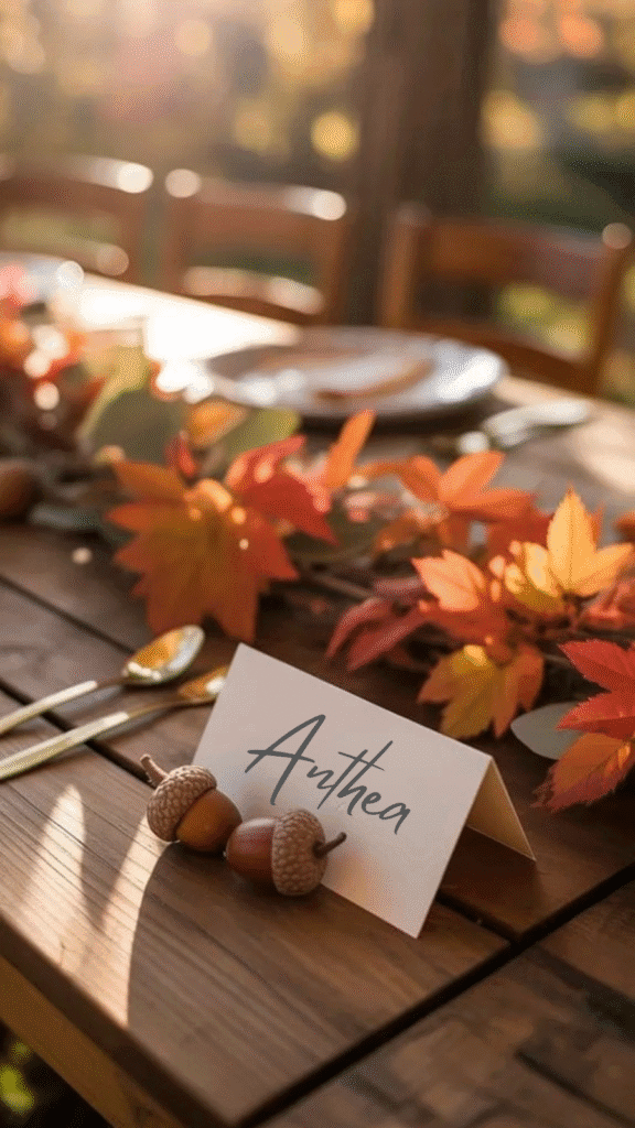 Elegant autumn table setting featuring a name card, acorns, and colorful leaves, perfect for seasonal gatherings and festive occasions.