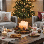 Cozy Christmas living room featuring a decorated tree, candles, baked treats, and festive pillows, creating a warm holiday atmosphere.