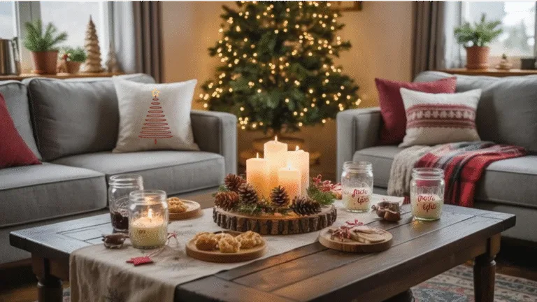 Cozy Christmas living room featuring a decorated tree, candles, baked treats, and festive pillows, creating a warm holiday atmosphere.