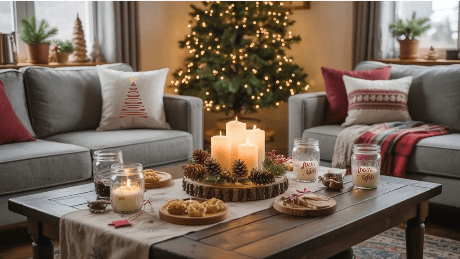 Cozy Christmas living room featuring a decorated tree, candles, baked treats, and festive pillows, creating a warm holiday atmosphere.