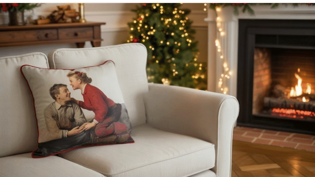 Cozy living room scene with a decorative pillow featuring a vintage couple, a Christmas tree, and a warm fireplace, creating a festive atmosphere.