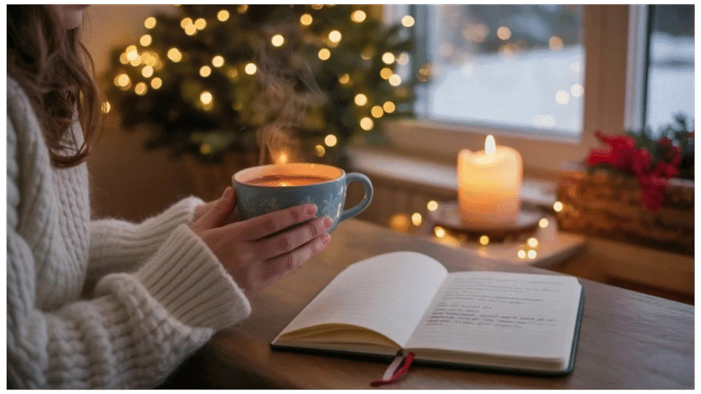 Cozy scene with a person holding a steaming cup, a lit candle, and an open notebook, surrounded by festive holiday decorations and soft lighting.