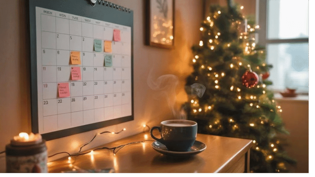 Cozy holiday scene with a steaming coffee cup, a calendar with notes, and a beautifully decorated Christmas tree in soft lighting.