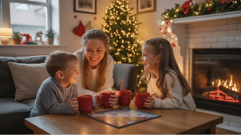 Family enjoying hot cocoa by the fireplace during the holidays, surrounded by festive decorations and a beautifully lit Christmas tree.