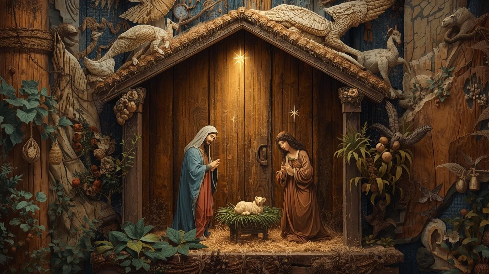 Nativity scene featuring Mary and Joseph, adoring the baby Jesus in a rustic stable adorned with intricate carvings and natural elements.