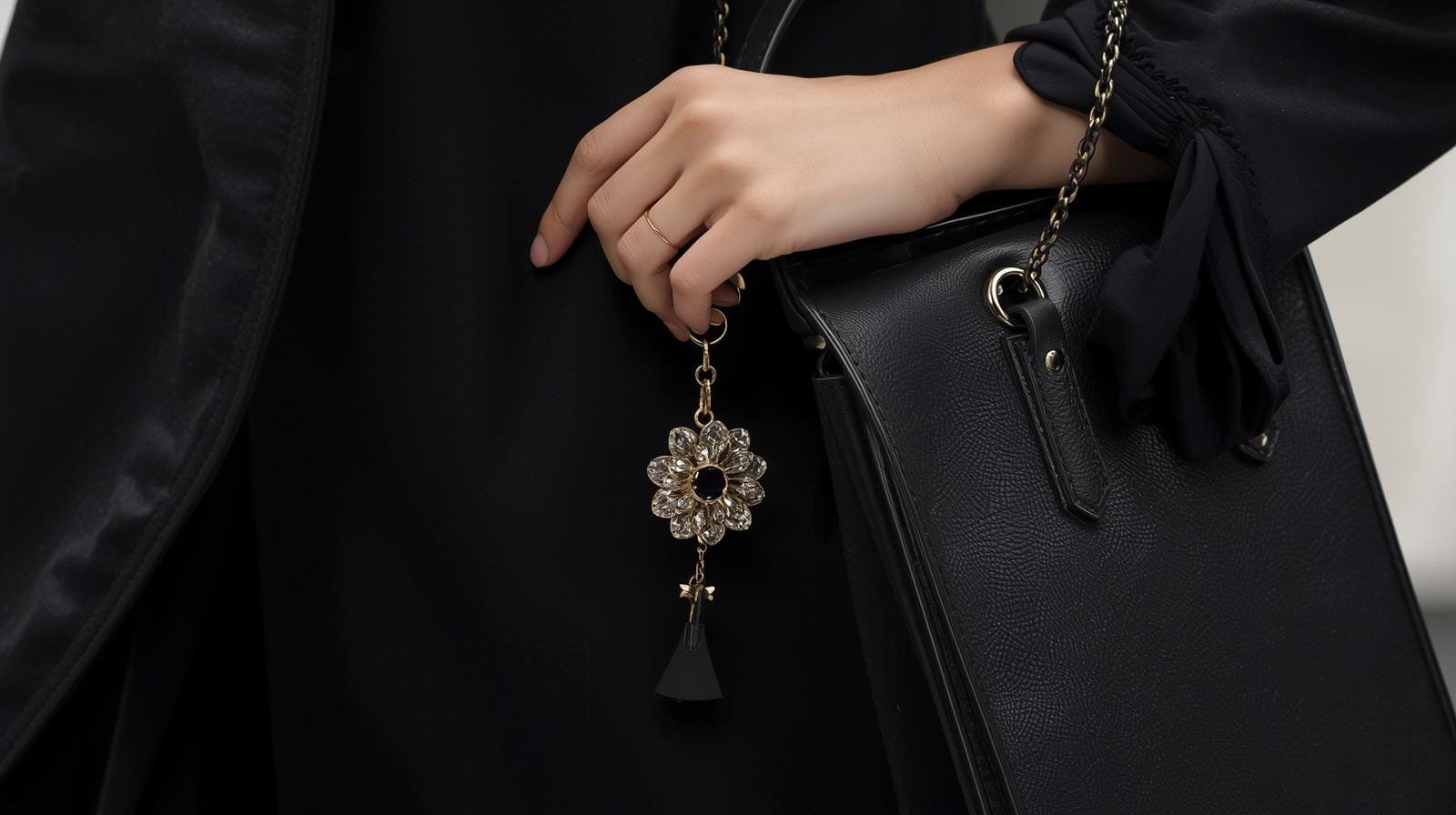 Elegant black handbag adorned with a floral keychain, featuring a gold and crystal design, held by a woman in a stylish outfit.