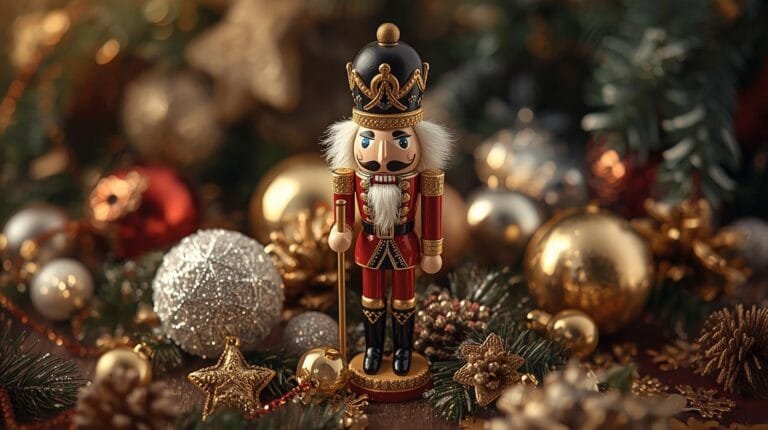 Colorful nutcracker figure surrounded by festive ornaments and holiday decorations, creating a cheerful Christmas atmosphere. Perfect for seasonal celebrations and decorations.