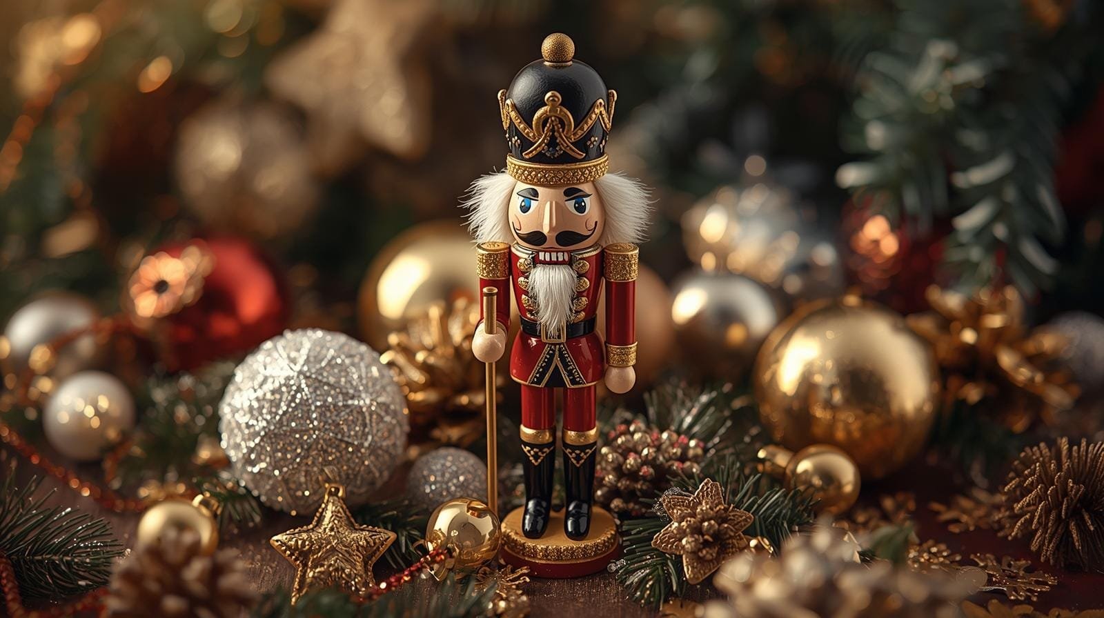 Colorful nutcracker figure surrounded by festive ornaments and holiday decorations, creating a cheerful Christmas atmosphere. Perfect for seasonal celebrations and decorations.