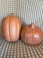 Ceramic Terra Cotta HALLOWEEN Pumpkins 9 in Tall Vintage Set Of 2 Read*