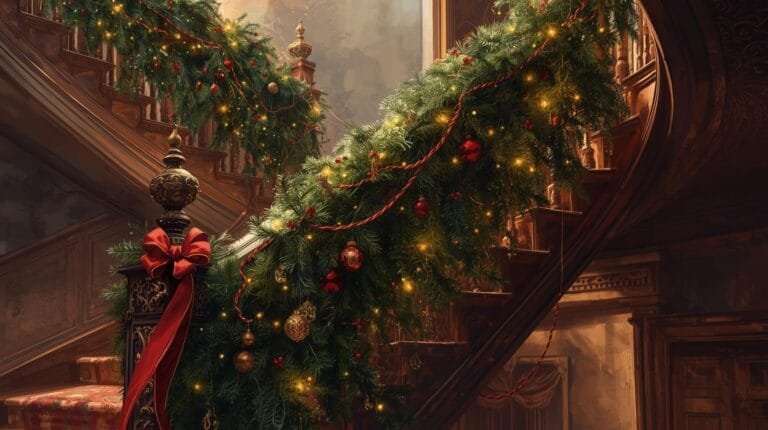 Festively decorated staircase adorned with garlands, ornaments, and twinkling lights, creating a warm Christmas ambiance in an elegant interior setting.