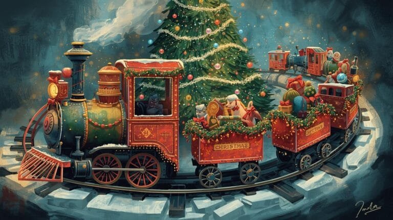 Festive Christmas train decorated with gifts and ornaments, passing by a beautifully adorned Christmas tree in a winter wonderland setting.