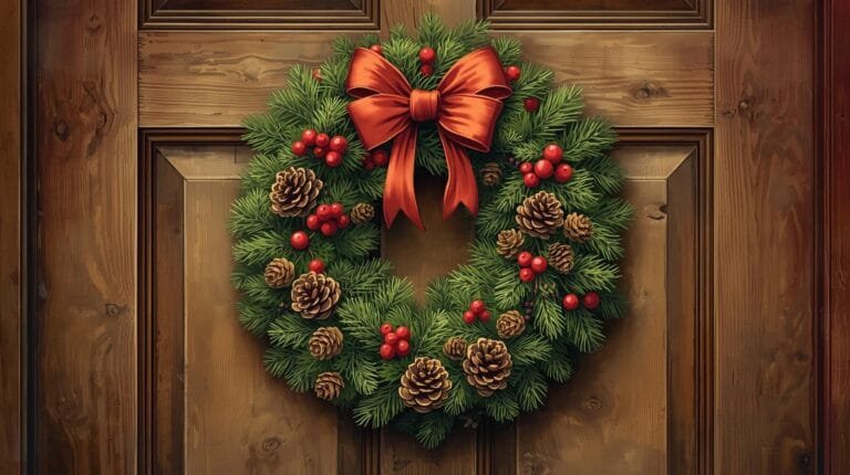 Christmas wreath adorned with pinecones and red berries, featuring a festive red bow, hanging on a wooden door. Perfect holiday decoration.