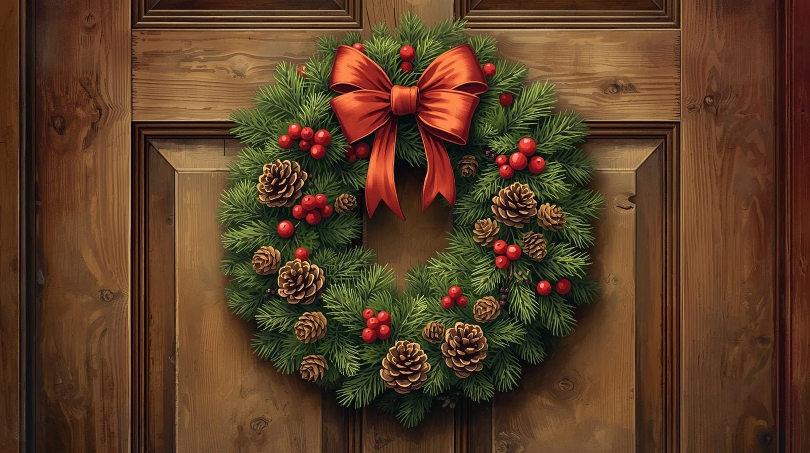 Christmas wreath adorned with pinecones and red berries, featuring a festive red bow, hanging on a wooden door. Perfect holiday decoration.