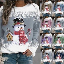Christmas Women Long Sleeve Snowman Print Pullover Jumper Casual Xmas Party -