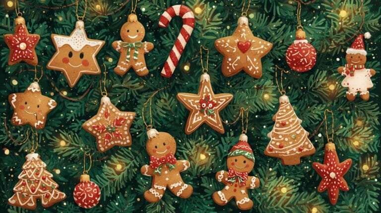 Gingerbread cookies and festive ornaments hanging on a Christmas tree, featuring cheerful designs like stars, trees, and candy canes, celebrating the holiday spirit.