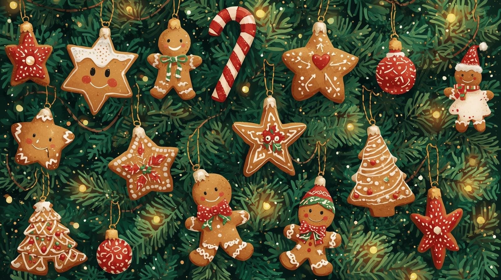 Gingerbread cookies and festive ornaments hanging on a Christmas tree, featuring cheerful designs like stars, trees, and candy canes, celebrating the holiday spirit.