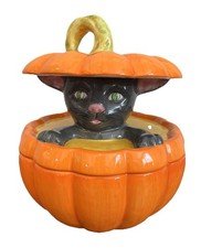 Halloween Black Cat Pumpkin Cookie Treat Jar Canister Ceramic Lid Vintage Y2K