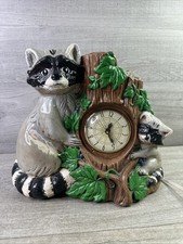 Hand Painted Ceramic Racoon Clock Tree Stump Babies 11" Tall Wildlife