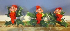 Lot of 3 VTG Christmas Pixie Elf Knee Hugger On 4"Plastic Holly Craft Stem w/Tag