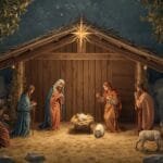 Nativity scene depicting Mary, Joseph, and the baby Jesus in a stable, surrounded by shepherds, animals, and a bright star, symbolizing Christmas.