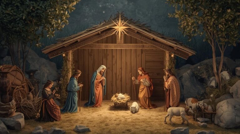 Nativity scene depicting Mary, Joseph, and the baby Jesus in a stable, surrounded by shepherds, animals, and a bright star, symbolizing Christmas.