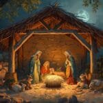 Nativity scene depicting Mary, Joseph, and baby Jesus surrounded by animals in a rustic stable under a moonlit sky, symbolizing the Christmas story.